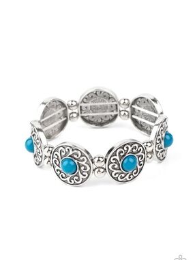 Silver-Tone Turquoise Cabochon Stretch Bracelet Paparazzi Jewelry New